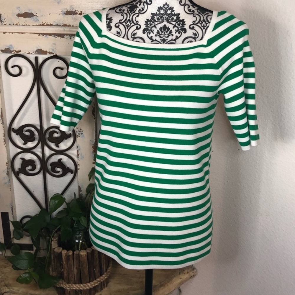 Striped Green and White Boatneck Women’s Sweater